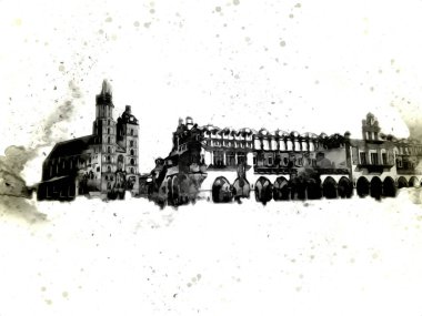 Eski şehir Krakow sanat illüstrasyonları antika