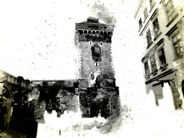 Eski şehir Krakow sanat illüstrasyonları antika