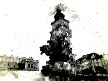 Eski şehir Krakow sanat illüstrasyonları antika