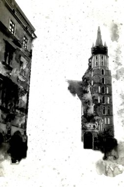 Eski şehir Krakow sanat illüstrasyonları antika