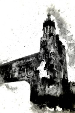 Eski şehir Krakow sanat illüstrasyonları antika