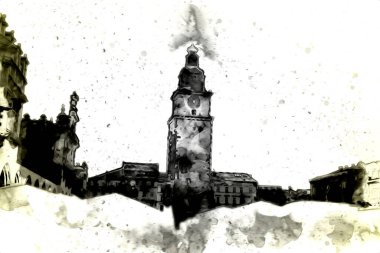 Eski şehir Krakow sanat illüstrasyonları antika