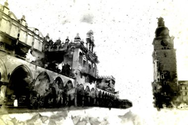 Eski şehir Krakow sanat illüstrasyonları antika