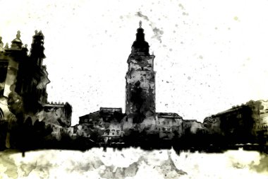 Eski şehir Krakow sanat illüstrasyonları antika