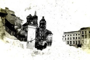 Eski şehir Krakow sanat illüstrasyonları antika