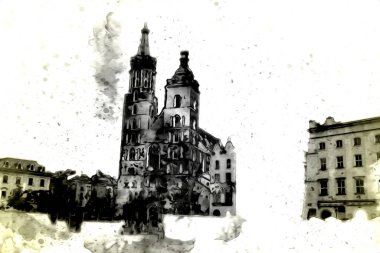 Eski şehir Krakow sanat illüstrasyonları antika