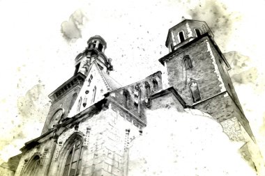 Eski şehir Krakow sanat illüstrasyonları antika