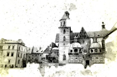 Eski şehir Krakow sanat illüstrasyonları antika