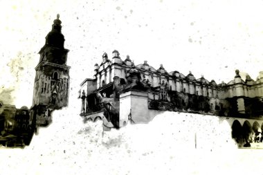 Eski şehir Krakow sanat illüstrasyonları antika