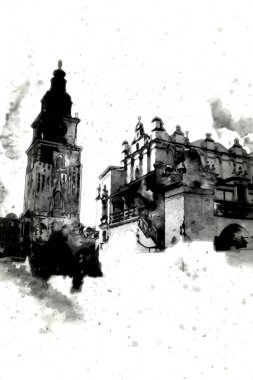 Eski şehir Krakow sanat illüstrasyonları antika