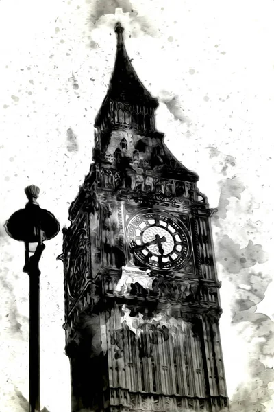Londra 'nın büyük Ben sanat eseri çizimi, çizim, eğlenceli tasarım, antika retro