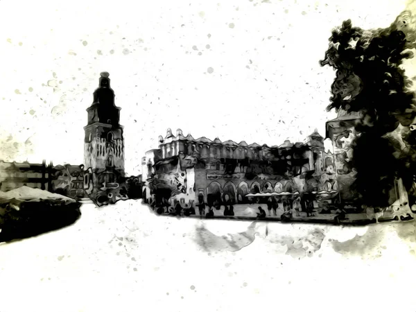 Eski şehir Krakow sanat illüstrasyonları antika