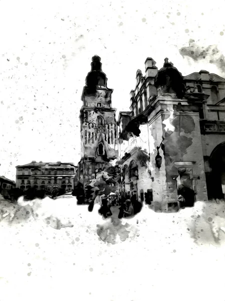 Eski şehir Krakow sanat illüstrasyonları antika