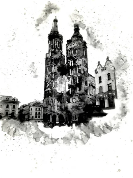 Eski şehir Krakow sanat illüstrasyonları antika