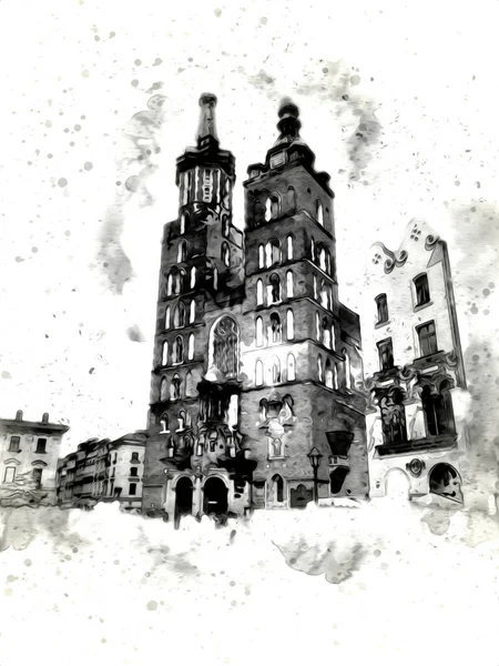 Old City Krakow Art Illustration Retro Vintage — Stock Photo, Image