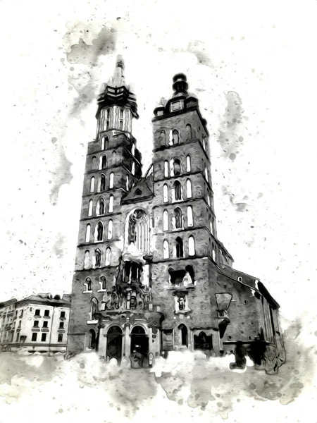 Eski şehir Krakow sanat illüstrasyonları antika