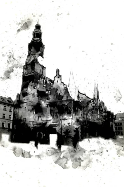 Wrocław Miasto Poland Retro Vintage Sztuka Rysunek Szkic Ilustracja — Zdjęcie stockowe