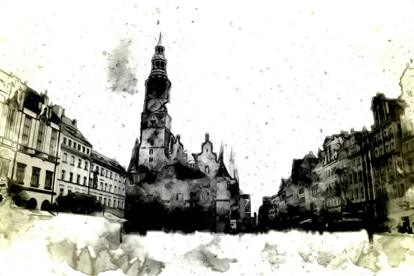 Wrocław Miasto Poland Retro Vintage Sztuka Rysunek Szkic Ilustracja — Zdjęcie stockowe