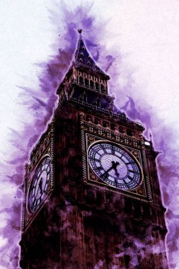 Londra 'nın büyük Ben sanat eseri çizimi, çizim, eğlenceli tasarım, antika retro