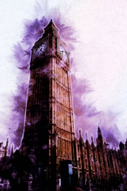 Londra 'nın büyük Ben sanat eseri çizimi, çizim, eğlenceli tasarım, antika retro