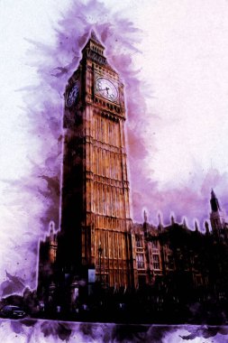 Londra 'nın büyük Ben sanat eseri çizimi, çizim, eğlenceli tasarım, antika retro