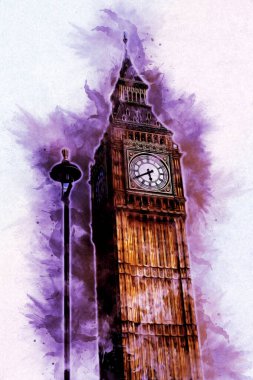 Londra 'nın büyük Ben sanat eseri çizimi, çizim, eğlenceli tasarım, antika retro