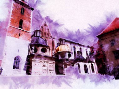 Eski şehir Krakow sanat illüstrasyonları antika