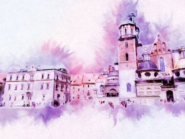 Eski şehir Krakow sanat illüstrasyonları antika