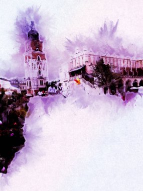 Eski şehir Krakow sanat illüstrasyonları antika