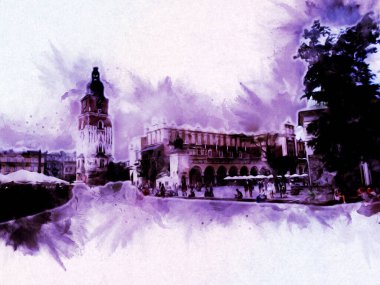 Eski şehir Krakow sanat illüstrasyonları antika