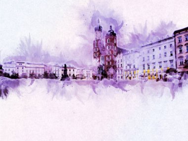 Eski şehir Krakow sanat illüstrasyonları antika