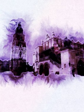 Eski şehir Krakow sanat illüstrasyonları antika