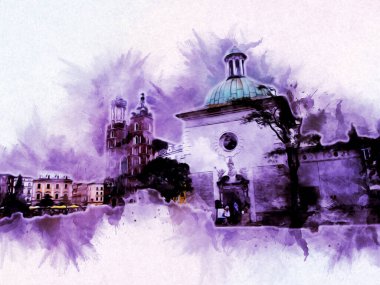 Eski şehir Krakow sanat illüstrasyonları antika