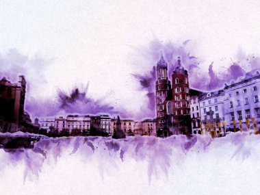 Eski şehir Krakow sanat illüstrasyonları antika