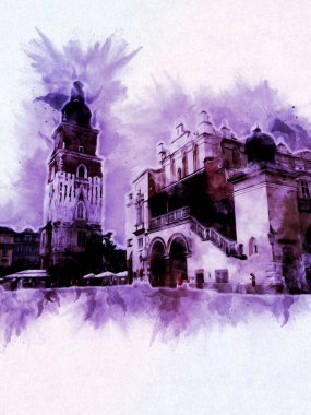 Eski şehir Krakow sanat illüstrasyonları antika