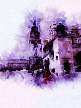 Eski şehir Krakow sanat illüstrasyonları antika