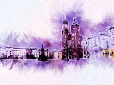 Eski şehir Krakow sanat illüstrasyonları antika