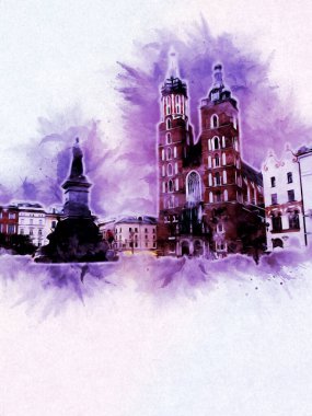 Eski şehir Krakow sanat illüstrasyonları antika