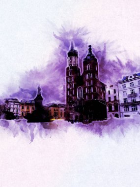 Eski şehir Krakow sanat illüstrasyonları antika