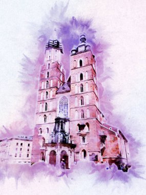 Eski şehir Krakow sanat illüstrasyonları antika