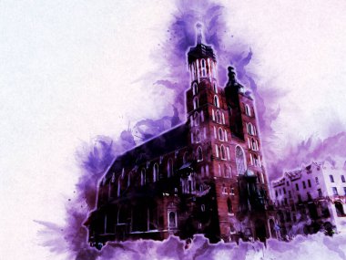 Eski şehir Krakow sanat illüstrasyonları antika