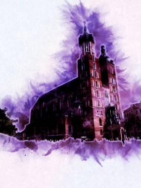 Eski şehir Krakow sanat illüstrasyonları antika