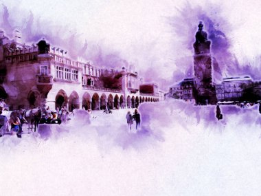 Eski şehir Krakow sanat illüstrasyonları antika