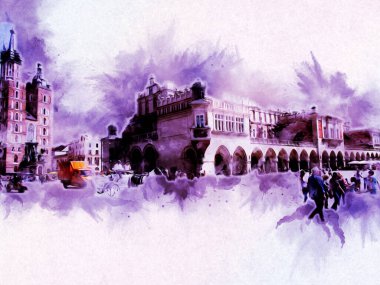 Eski şehir Krakow sanat illüstrasyonları antika