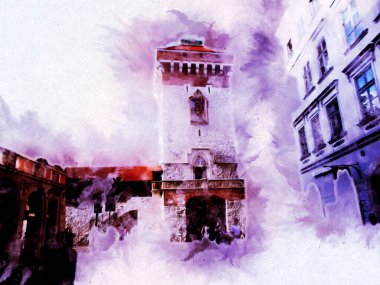 Eski şehir Krakow sanat illüstrasyonları antika