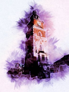 Eski şehir Krakow sanat illüstrasyonları antika