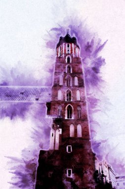 Eski şehir Krakow sanat illüstrasyonları antika