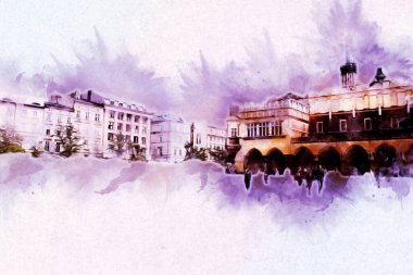 Eski şehir Krakow sanat illüstrasyonları antika