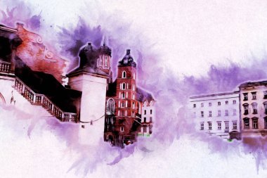 Eski şehir Krakow sanat illüstrasyonları antika