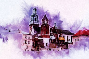 Eski şehir Krakow sanat illüstrasyonları antika